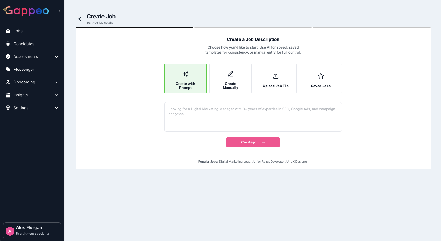 Privacy-safe Gappeo demo: Create Job. All people and contact details are fictional.